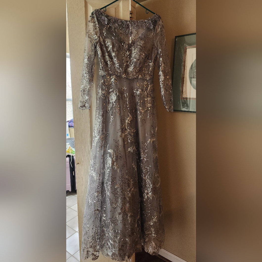 Elegant Silver Lace Evening Gown By Mac Duggal Size 8 New W/Out Tags